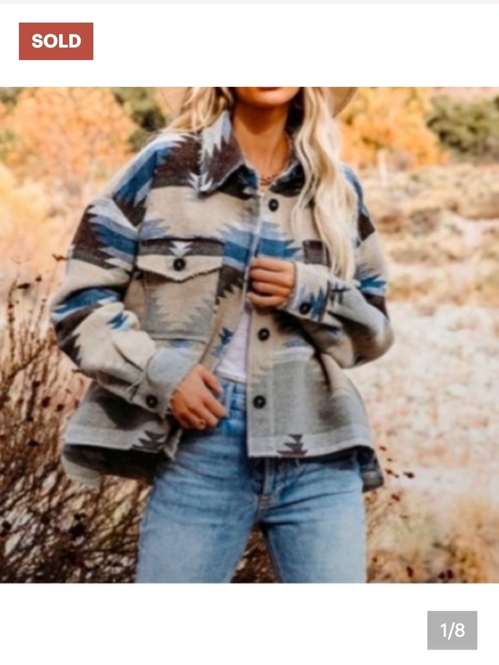 BKE Beige Aztec Utility Shacket with Blue & Brown Accents